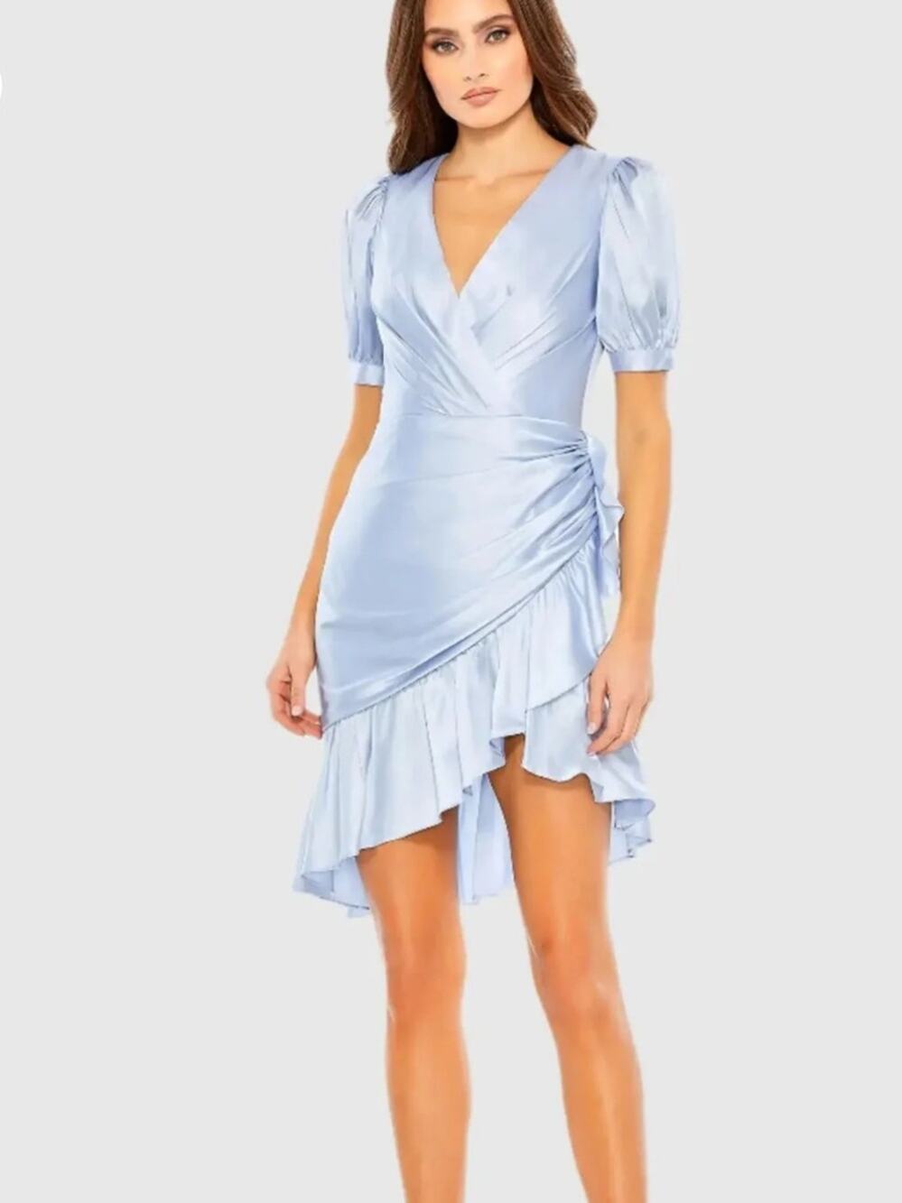 Ieena for Mac Duggal | Short Puff Sleeve Faux Wrap Mini Dress Powder Blue Size 0